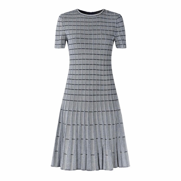 St John Geometric Ottoman Gray Stripe Knit Dress - Picture 3 of 14